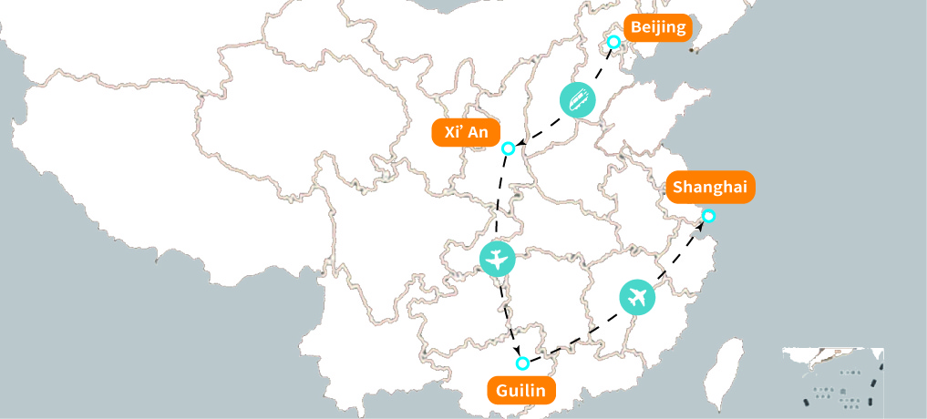 10 giorni Pechino, Xi'an, Guilin e Shanghai Group Tour Map