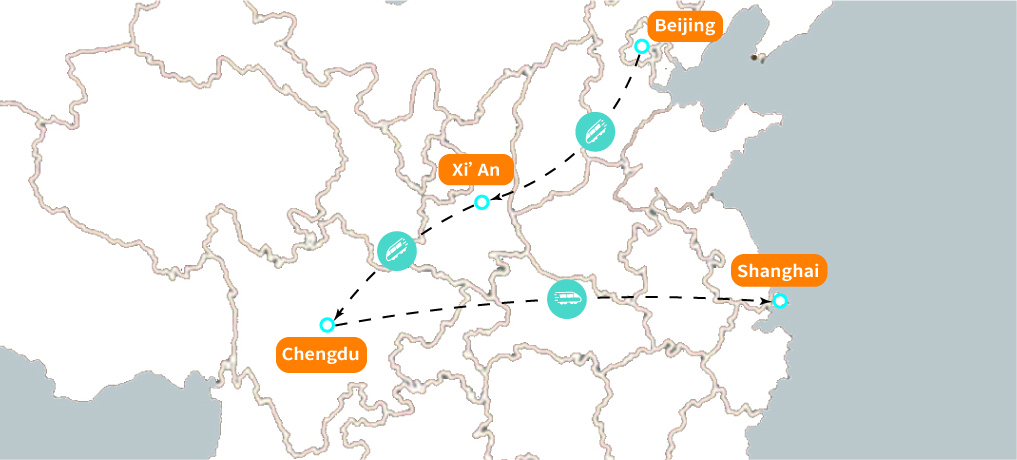 10 giorni Pechino, Xi'an, Chengdu e Shanghai Group Tour Map